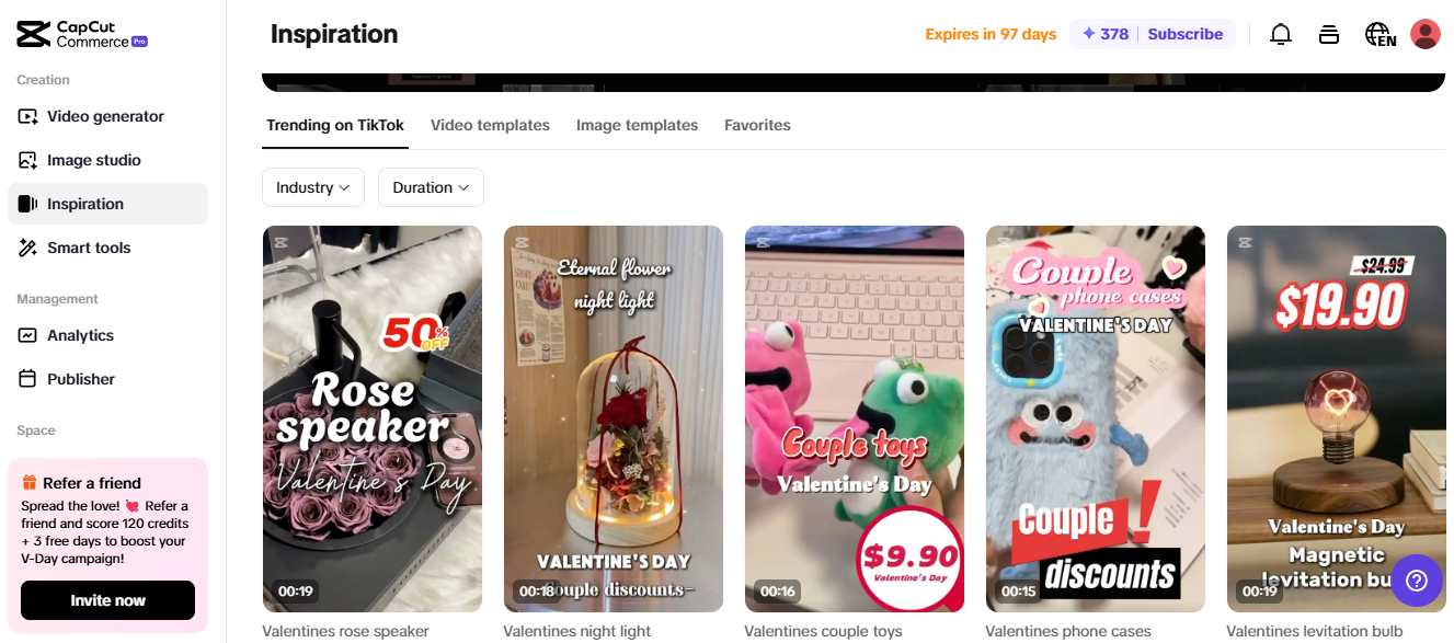 Pippit Inspiration page showcasing trending Valentine's Day products for low-cost startup ideas in eCommerce.